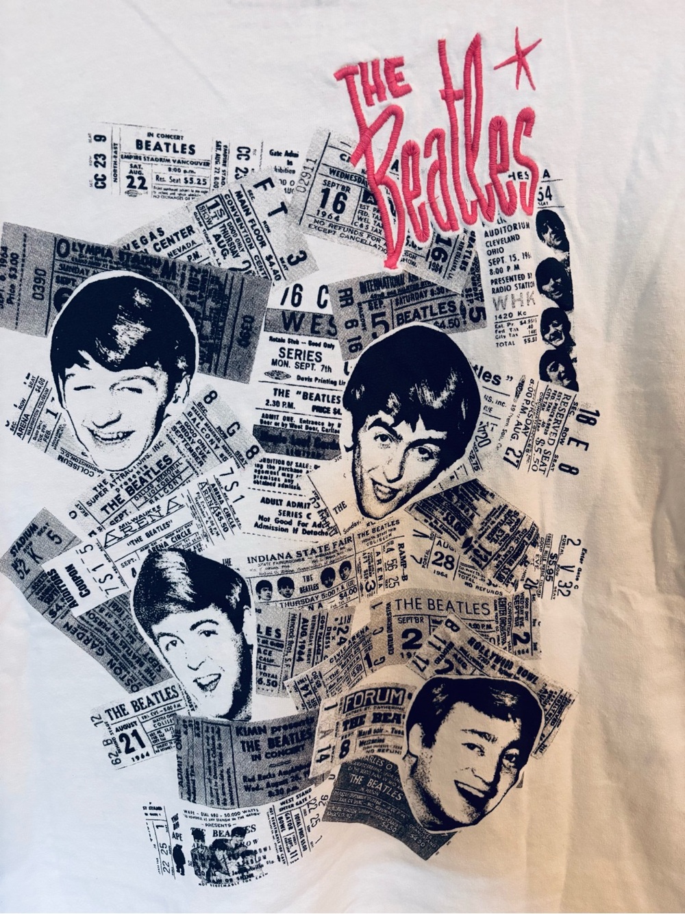 H&M The Beatles Womens Tee with Pink Logo and Black Ticket Collage